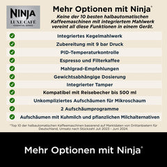 Ninja Luxe Essential 2-in-1-Kaffeemaschine mit Mahlwerk und Aufschäumer für Latte, Cappuccino & Espresso, einfache Handhabung, 2 Voreinstellungen zum Aufschäumen, Silber, ES501EU