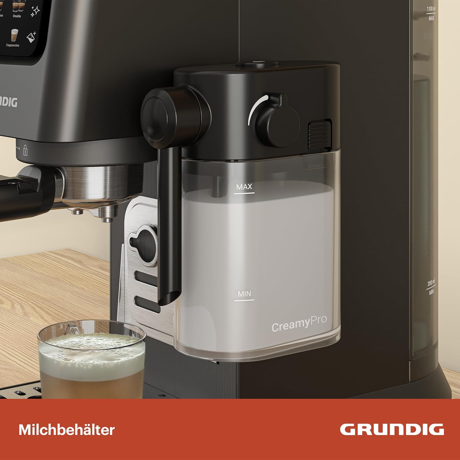 GRUNDIG KSM 5330 Siebträgermaschine mit integriertem Milchbehälter, 1628 W Leistung, 15 bar Pumpendruck, Zweifachdüse, farbiges Touch-Display, BrewSense, CreamyPro, Dark Inox/Schwarz