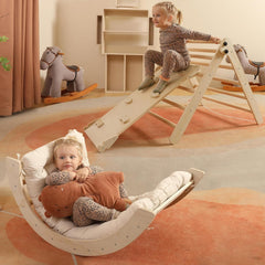 Dreieck-Set mit Kissen, 5-in-1 Montessori-Kletterset, faltbar, Kletter-Indoor-Spielplatz-Set für Kleinkinder, Holz-Kletterspielzeug mit Rampe und Kletterbogen für Kinder (Holzfarbe)
