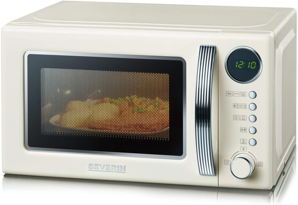 SEVERIN 2-in-1 Retro Mikrowelle mit Grillfunktion, Grillofen mit 5 Leistungsstufen und 8 Automatikprogrammen, hochwertige Mikrowelle mit Grill, ca. 700 W, creme / chrom, MW 7892
