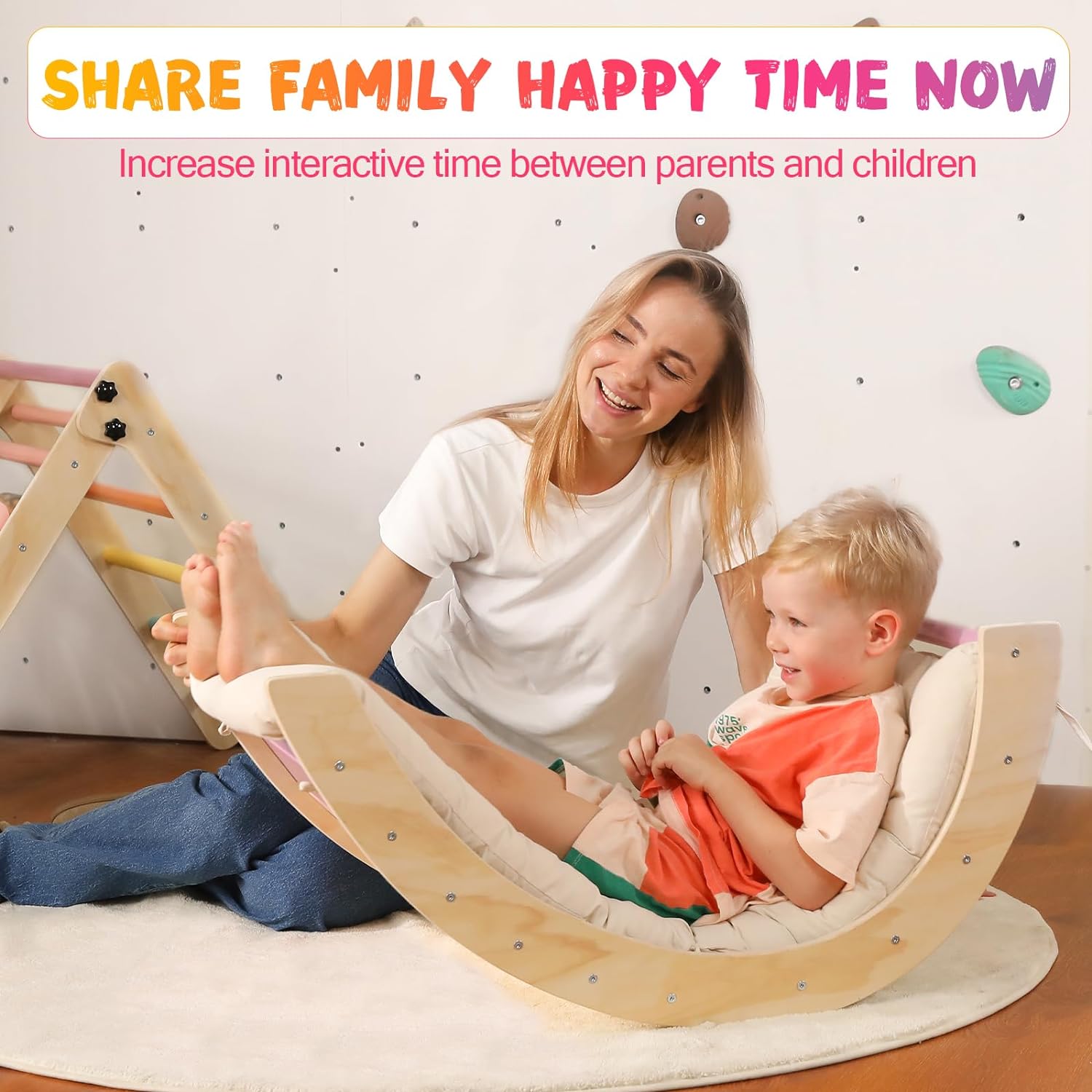 Dreieck-Set mit Kissen, 5-in-1 Montessori-Kletterset, faltbar, Kletter-Indoor-Spielplatz-Set für Kleinkinder, Holz-Kletterspielzeug mit Rampe und Kletterbogen für Kinder (Holzfarbe)