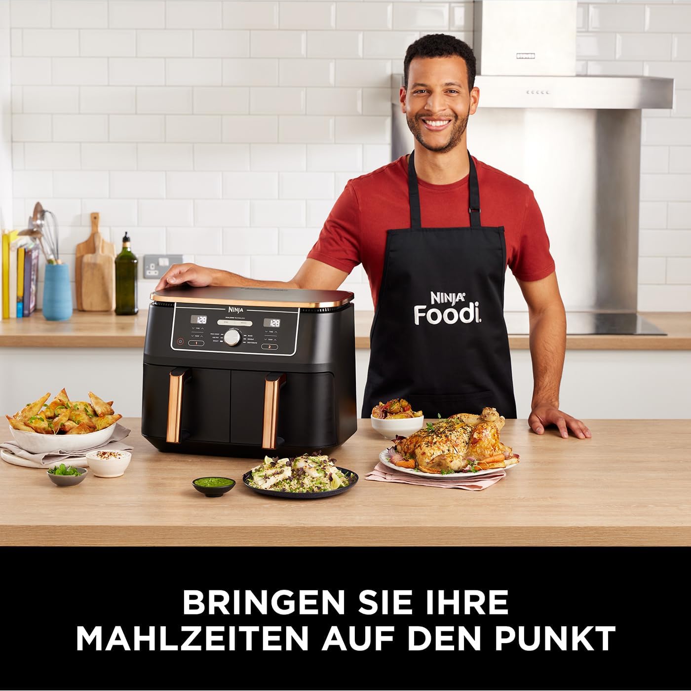 Ninja Heißluftfritteuse MAX PRO, 6,2 L, ölfrei, große Schublade, Rösten, Backen, Air Fry, Antihaftbeschichtet, Spülmaschinenfester Korb & Crisper Gittereinsatz, Silikonzange, Schwarz/Kupfer, AF180EUCP