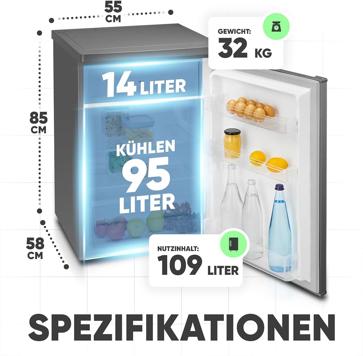 Bomann Kühlschrank mit Gefrierfach klein | Kühlschrank 2 Ablagen | leise | mit 4-Sterne Gefrierfach | Kühlschrank klein mit Obst- und Gemüsefach | Türanschlag wechselbar | KS 7251 inox