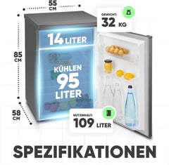 Bomann Kühlschrank mit Gefrierfach klein | Kühlschrank 2 Ablagen | leise | mit 4-Sterne Gefrierfach | Kühlschrank klein mit Obst- und Gemüsefach | Türanschlag wechselbar | KS 7251 inox
