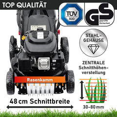 BRAST Benzin Rasenmäher mit Antrieb | 5,2kW(7PS) | Elektrostart | 48cm Schnittbreite | viele Modelle | TÜV | 4 Takt OHV Motor | 30-80mm Schnitthöhe | 60L Fangkorb | Stahlgehäuse | 19224 ESTART Speed
