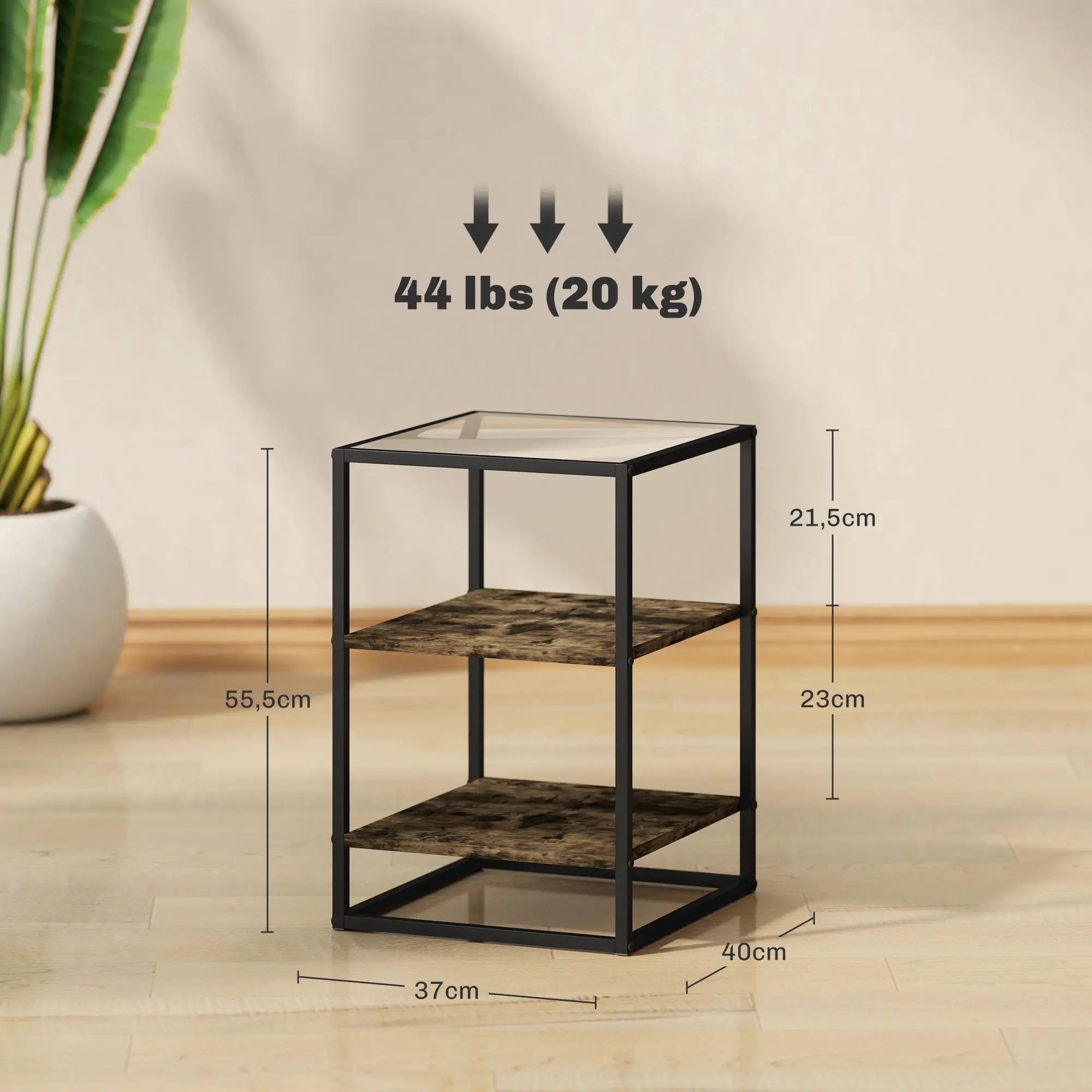 HOMCOM Beistelltisch 2er-Set dreistufig mit Glasplatte Rustikal-Braun