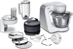 Bosch Küchenmaschine Serie 4 MUM58720,Edelstahl-Schüssel 3,9 L, Mixer 1,25 L, Planetenrührwerk,Knethaken,Schlag,Rührbesen, Durchlaufschnitzler, 3 Scheiben, 1000 W, Dunkelrot/Silber