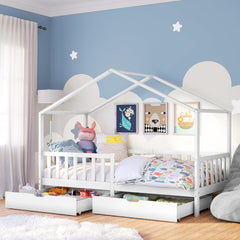 Bellabino Kinderbett Bia 140x200 cm, Hausbett Kinder inkl. Rausfallschutz und Rolllattenrost, Montessori Bodenbett weiß aus Massivholz Kiefer