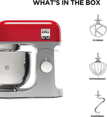 Kenwood kMix KMX750RD Küchenmaschine, 5 l Edelstahl Schüssel, Safe-Use-Sicherheitssystem, Metallgehuse, 1000 Watt, inkl. 3-Teiligem Patisserie-Set und Spritzschutz, Rot