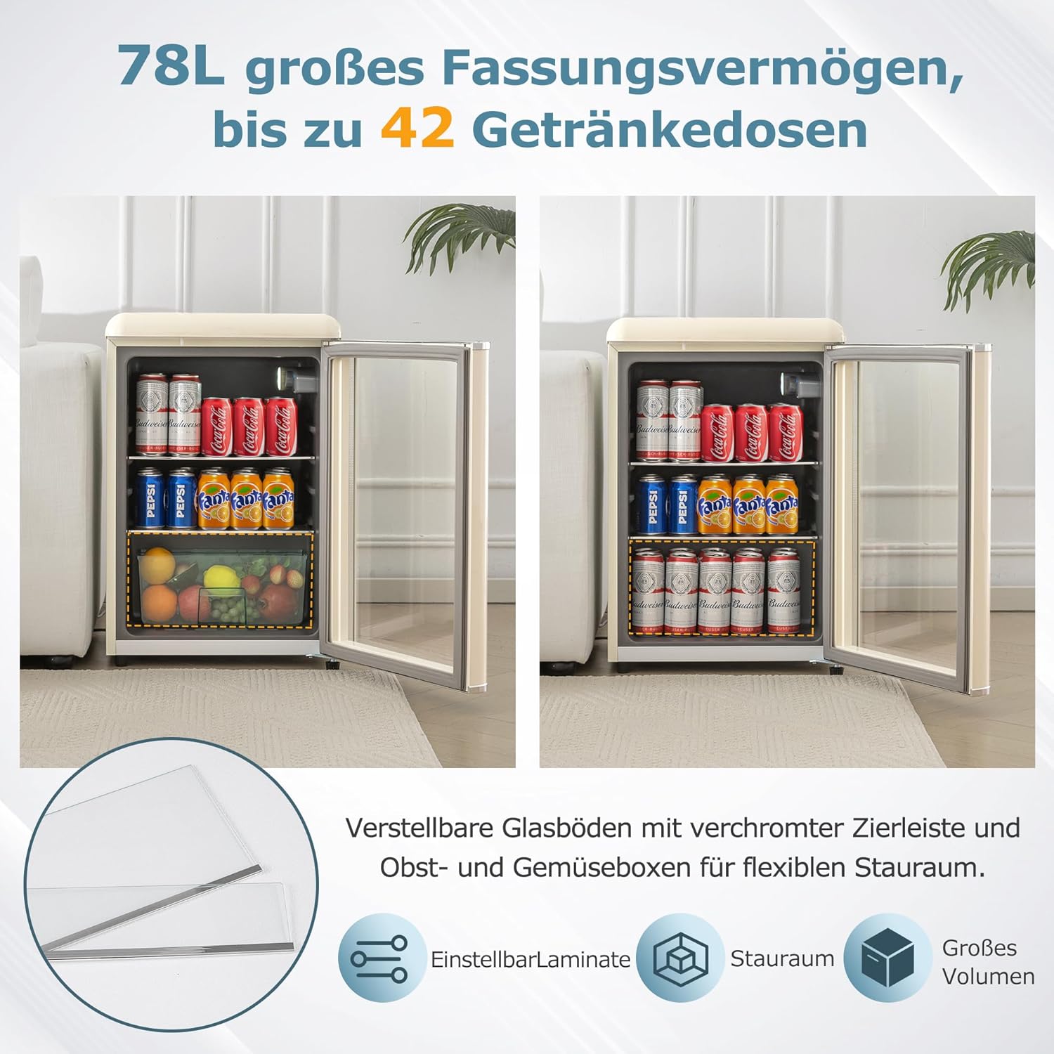 Merax Kühlschrank 128L, Freistehend Getränkekühler mit 120L-Kühlschrank + 8L-Gefrierschrank, mit LED-Innenbeleuchtung und Verstellbare Einlegeböden, Superleise für Restaurant, Bar, Getränke und Bier
