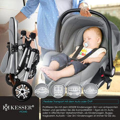 KESSER Loops 3 in 1 Kinderwagen Kombikinderwagen Komplett-Set inkl. Babywanne & Buggy Sportsitz & Auto-Babyschale Voll-Gummireifen Wickeltasche Regenschutz Kindertisch ECE R129, Schwarz/Champagne