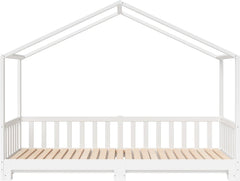 Bellabino Kinderbett Bia 140x200 cm, Hausbett Kinder inkl. Rausfallschutz und Rolllattenrost, Montessori Bodenbett weiß aus Massivholz Kiefer