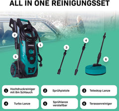 VONROC Profi Hochdruckreiniger 195bar - Fassadenreiniger für schwere Reinigungsarbeiten [2500W] - Hoher Durchfluss [468 l/h] Reinigungstank, Aluminium Pumpe - inkl. Terassenreiniger