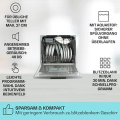 Klarstein ia 8 - Spülmaschine, Geschirrspüler, Freistehend, Teilintegriert, F, 55 cm breit, 8 Maßgedecke, 6 Programme, Aquastop, silber