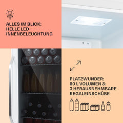 Klarstein Mini Kühlschrank mit Glastür für Zimmer, Getrnkekühlschrank mit Verstellbaren Ablagen, Kleiner 80 Liter, Indoor/Outdoor Kühlschrank Leise