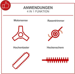 Scheppach Benzin Multigartengerät MT33P Multifunktionsgerät | 4in1 - Rasentrimmer Kettensäge Motorsense Heckenschere | 1,22PS Leistung | 2-Takt-Motor | inkl. Schultergurt und Hüftschutz