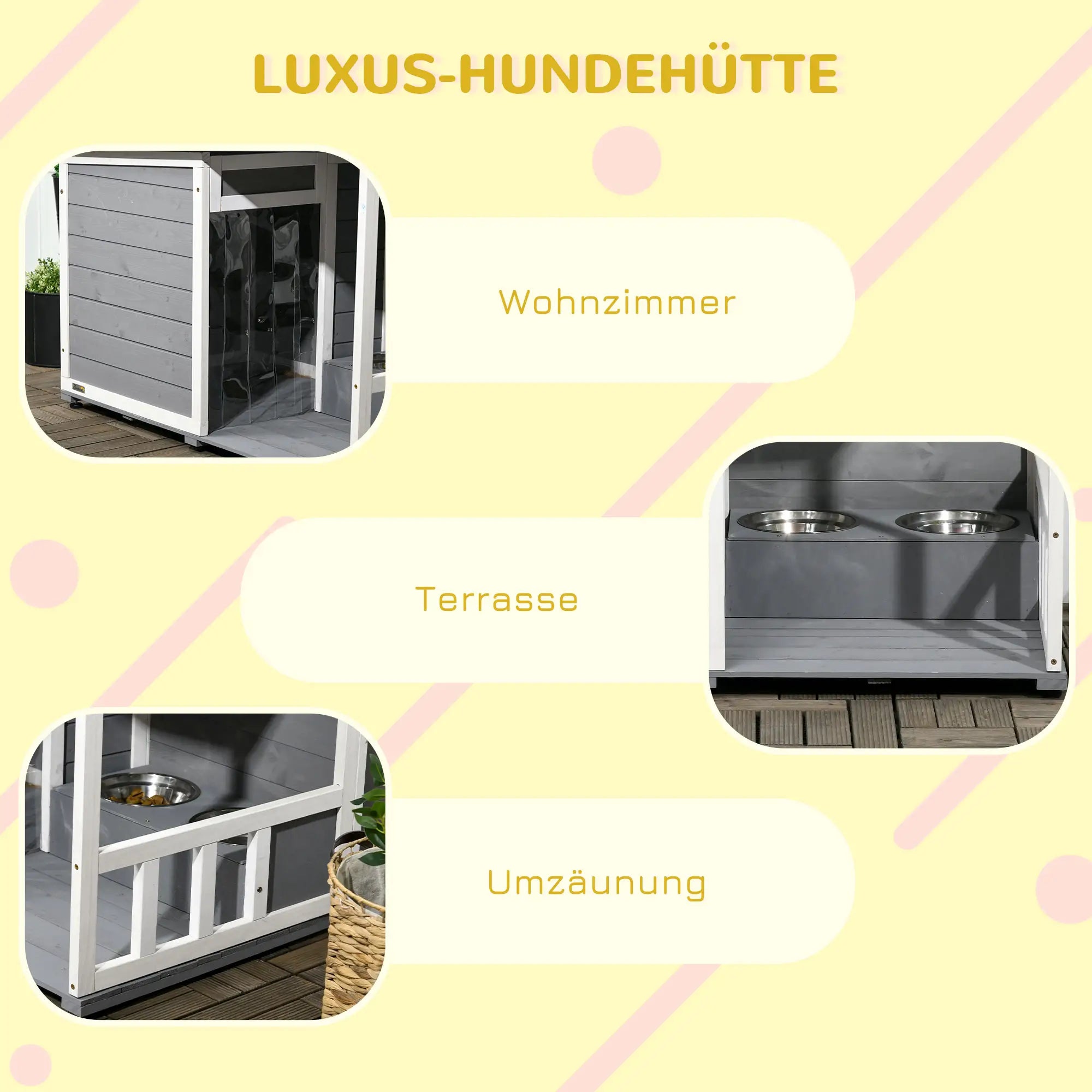 PawHut Hundehütte mit überdachter Veranda und Futternäpfen Outdoor