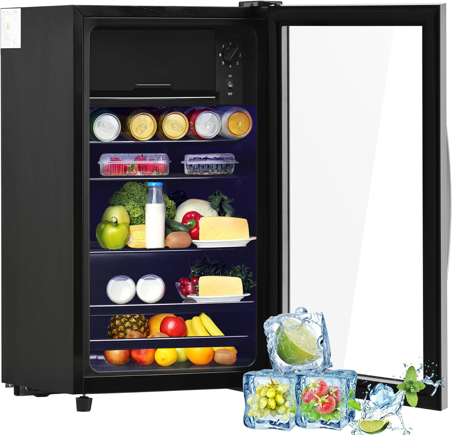 Merax Kühlschrank 128L, Freistehend Getränkekühler mit 120L-Kühlschrank + 8L-Gefrierschrank, mit LED-Innenbeleuchtung und Verstellbare Einlegeböden, Superleise für Restaurant, Bar, Getränke und Bier