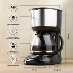 Barista Filterkaffeemaschine mit verstellbarem Mahlwerk & Thermokanne | Warmhaltefunktion, 24h Timer & Permanentfilter | Für 10 Tassen Kaffee | Kaffeemaschine für Bohnen & Pulver [Edelstahl]