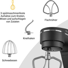 KLAMER Küchenmaschine 1800W, Knetmaschine Brotteig mit Edelstahl-Rührschüssel 6 L, 10 Stufen mit Timer, Planetenrührwerk, Rührbesen, Knethaken, Schneebesen & Sichtdeckel (schwarz)