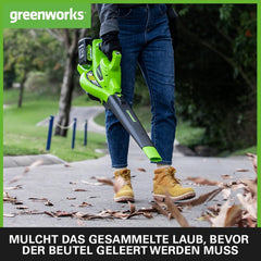 Greenworks 48V(2x24V) Akku Laubsauger / Laubblser mit Schultergurt, bürstenloser Motor, 322 km/h, 9 m/min, 45L Fangsack, zwei 4Ah Batterien & Ladegert, 3 Jahre Garantie GD24X2BVK4X