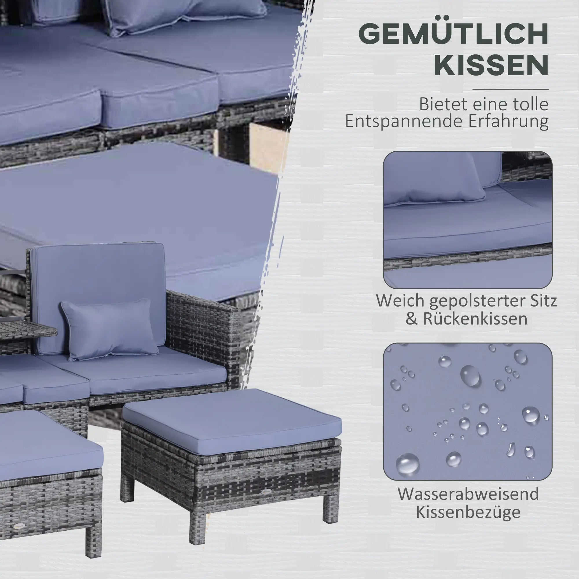 Outsunny Polyrattan Gartensofa Set 3-tlg 2-in-1 Rückenlehne Outdoor