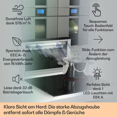 Klarstein Downdraft-Dunstabzugshaube, Versenkbare Abzugshaube, Leise Dunstabzugshauben mit Filter, Dunstabzugshaube 60cm, Umluft/Abluft Dunsthaube mit 10 Stufen, Dunstabzug 576 m³/h Luftstrom