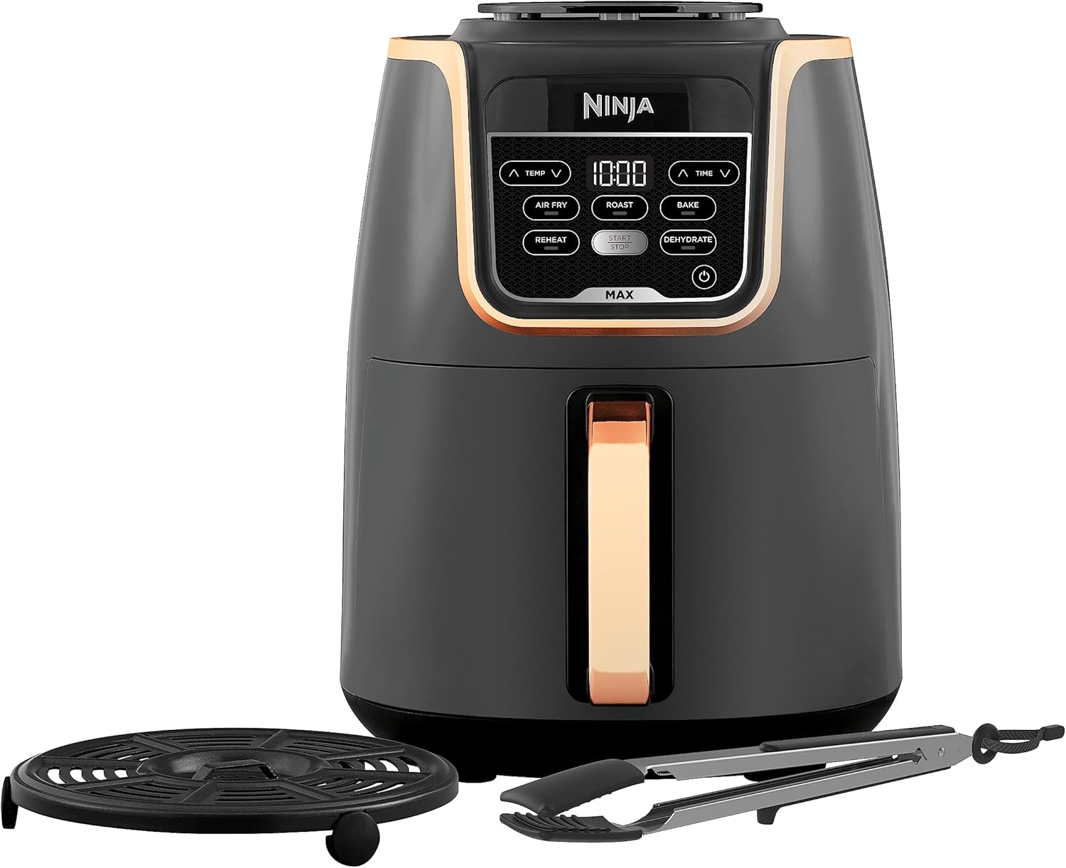 Ninja Heißluftfritteuse MAX PRO, 6,2 L, ölfrei, große Schublade, Rösten, Backen, Air Fry, Antihaftbeschichtet, Spülmaschinenfester Korb & Crisper Gittereinsatz, Silikonzange, Schwarz/Kupfer, AF180EUCP