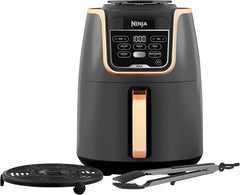 Ninja Heißluftfritteuse MAX PRO, 6,2 L, ölfrei, große Schublade, Rösten, Backen, Air Fry, Antihaftbeschichtet, Spülmaschinenfester Korb & Crisper Gittereinsatz, Silikonzange, Schwarz/Kupfer, AF180EUCP
