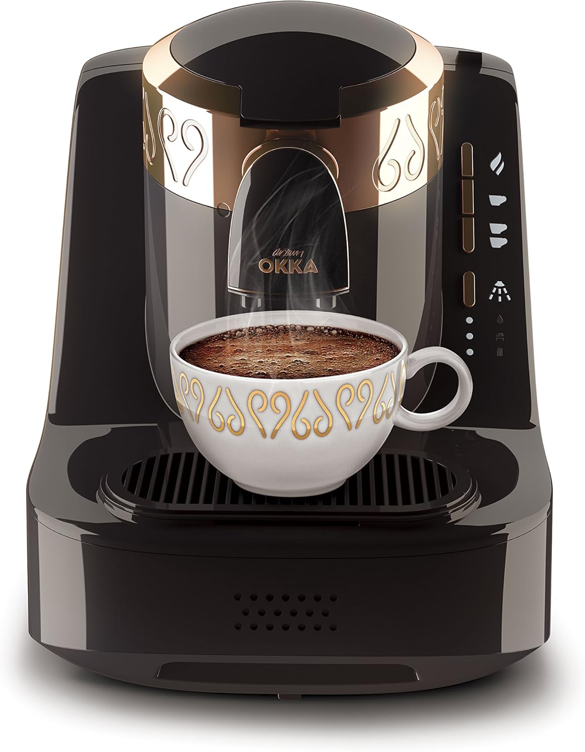 Arzum Okka Türkischer Kaffeemaschine, Vollautomatisch, 3 Tassen Größen, Selbstreinigungsfunktion, 950 ml Wassertank, Überschutzsensor, Kompaktes Design, Schwarz-Gold