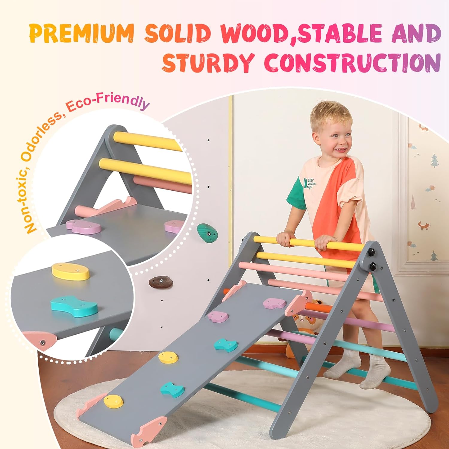 Dreieck-Set mit Kissen, 5-in-1 Montessori-Kletterset, faltbar, Kletter-Indoor-Spielplatz-Set für Kleinkinder, Holz-Kletterspielzeug mit Rampe und Kletterbogen für Kinder (Holzfarbe)