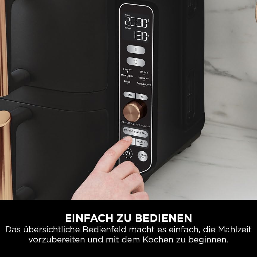 Ninja Heißluftfritteuse MAX PRO, 6,2 L, ölfrei, große Schublade, Rösten, Backen, Air Fry, Antihaftbeschichtet, Spülmaschinenfester Korb & Crisper Gittereinsatz, Silikonzange, Schwarz/Kupfer, AF180EUCP