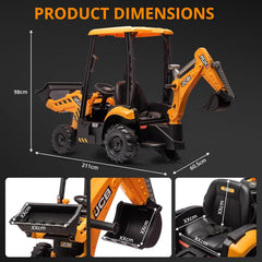 4 in 1 Elektro Bagger & Bulldozer, 12V Kinder Elektrofahrzeuge mit Fernbedienung, Frontlader, Bagger, Hupe, Eva-Reifen, Gelb