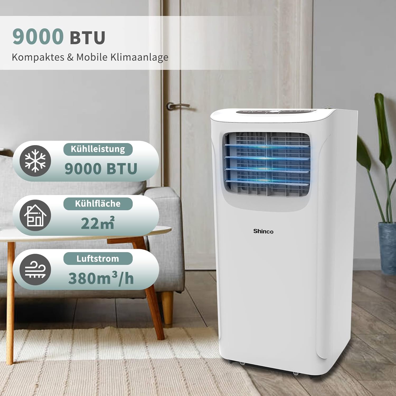 SHINCO Mobile Klimaanlage mit Abluftschlauch, 3-in-1Klimaanlage mit Luftentfeuchter&Ventilator, 7000BTU, 2,05 kW, Mobiles Klimagert mit Schlafmodus, Timer und Montagematerial, Rume bis 54m
