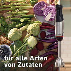 Bosch Stabmixer ErgoMaster Serie 6 MSM6M673, 10 Jahre Motorgarantie, Edelstahl-Klingen, verschleifreie Keramik-Kupplung, Luftkühlung, Zerkleinerer, Kartoffelstampfer, Schneebesen, 1000 W