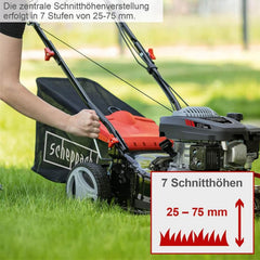 Scheppach Rasenmäher RM420 | 3in1-3,4PS | Schnittbreite 420mm | 45L Fangkorb | Schnitthöhenverstellung 25-75 mm | inkl. Motoröl