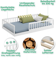 CADANI Timi 2in1 Bodenbett 140x200 cm Montessori Kinderbett mit abnehmbaren Rausfallschutz inkl. Lattenrost, Kiefer Massivholz, weiß - 3 Aufbauvarianten, bis 200 kg belastbar, umbaubar