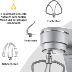 KLAMER Küchenmaschine 1800W, Knetmaschine mit 6 Liter Edelstahl Schüssel, 10 Geschwindigkeitsstufen mit Timer, Rührbesen, Knethaken, Schneebesen und Spritzschutz