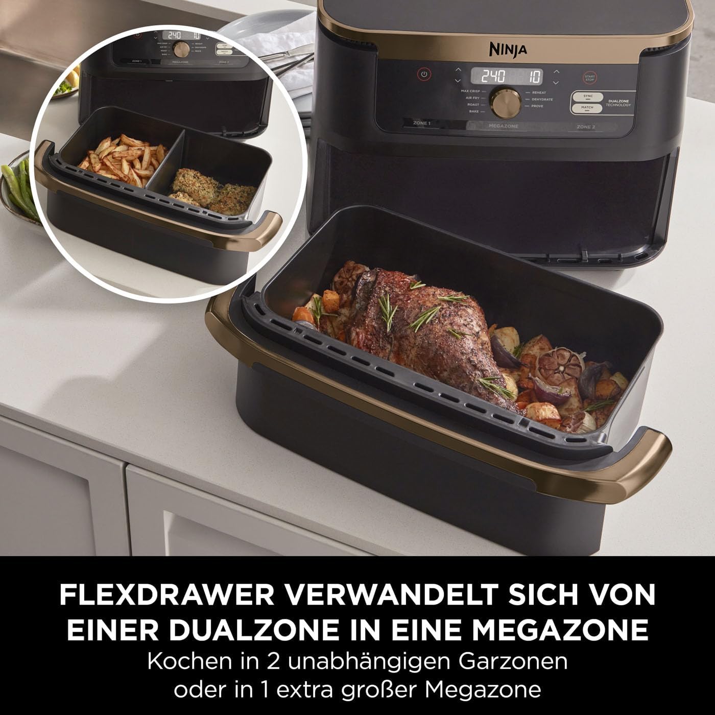 Ninja Heißluftfritteuse MAX PRO, 6,2 L, ölfrei, große Schublade, Rösten, Backen, Air Fry, Antihaftbeschichtet, Spülmaschinenfester Korb & Crisper Gittereinsatz, Silikonzange, Schwarz/Kupfer, AF180EUCP