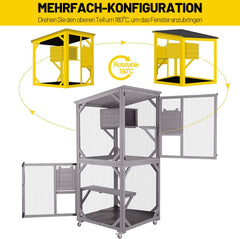 Katzenhaus Outdoor Catio Kitty Gehege mit super großer Eingangstür, Holz-Katzenkäfig Condo Indoor-Laufstall mit Plattformen und kleinem Haus