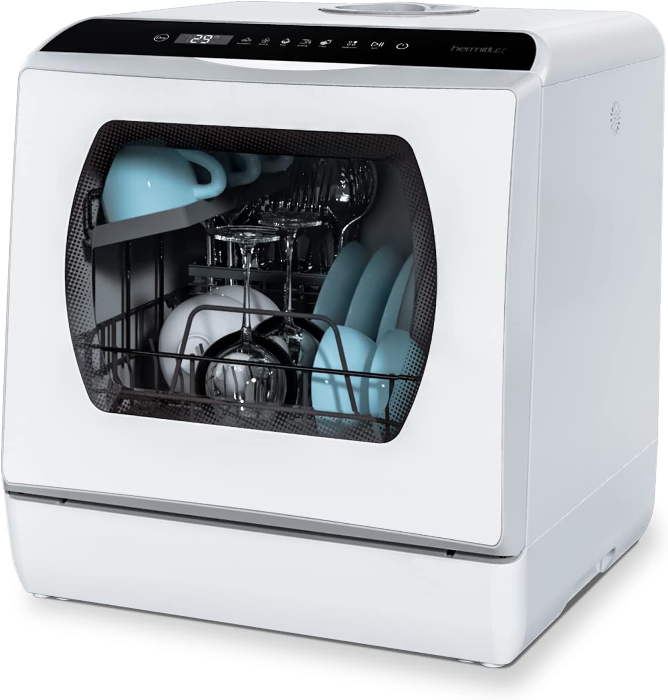 Hermitlux Mini Geschirrspüler, Spülmaschine für 4 Bestecksätze, 5 Liter Wassertank, 6 Programme Mini Tischgeschirrspüler, Perfekt für Wohnungen, Schlafsäle, Camping, Weiß