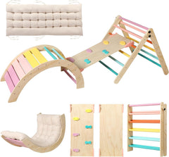 Dreieck-Set mit Kissen, 5-in-1 Montessori-Kletterset, faltbar, Kletter-Indoor-Spielplatz-Set für Kleinkinder, Holz-Kletterspielzeug mit Rampe und Kletterbogen für Kinder (Holzfarbe)