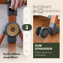 KUNU neues Baby-Beistellbett - Von Eltern für Eltern - Skandinavisches Design - Rollbar & Wiegefunktion - Höhenverstellbar - Babyoptimierte Matratze - inkl. Reisetasche