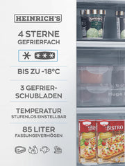 Heinrich´s Gefrierschrank 61Liter -18°C Freezer, 3x Gefrierschublade, 7 Stufen Temperaturregler, Airflow, wechselbarer Türanschlag weiß