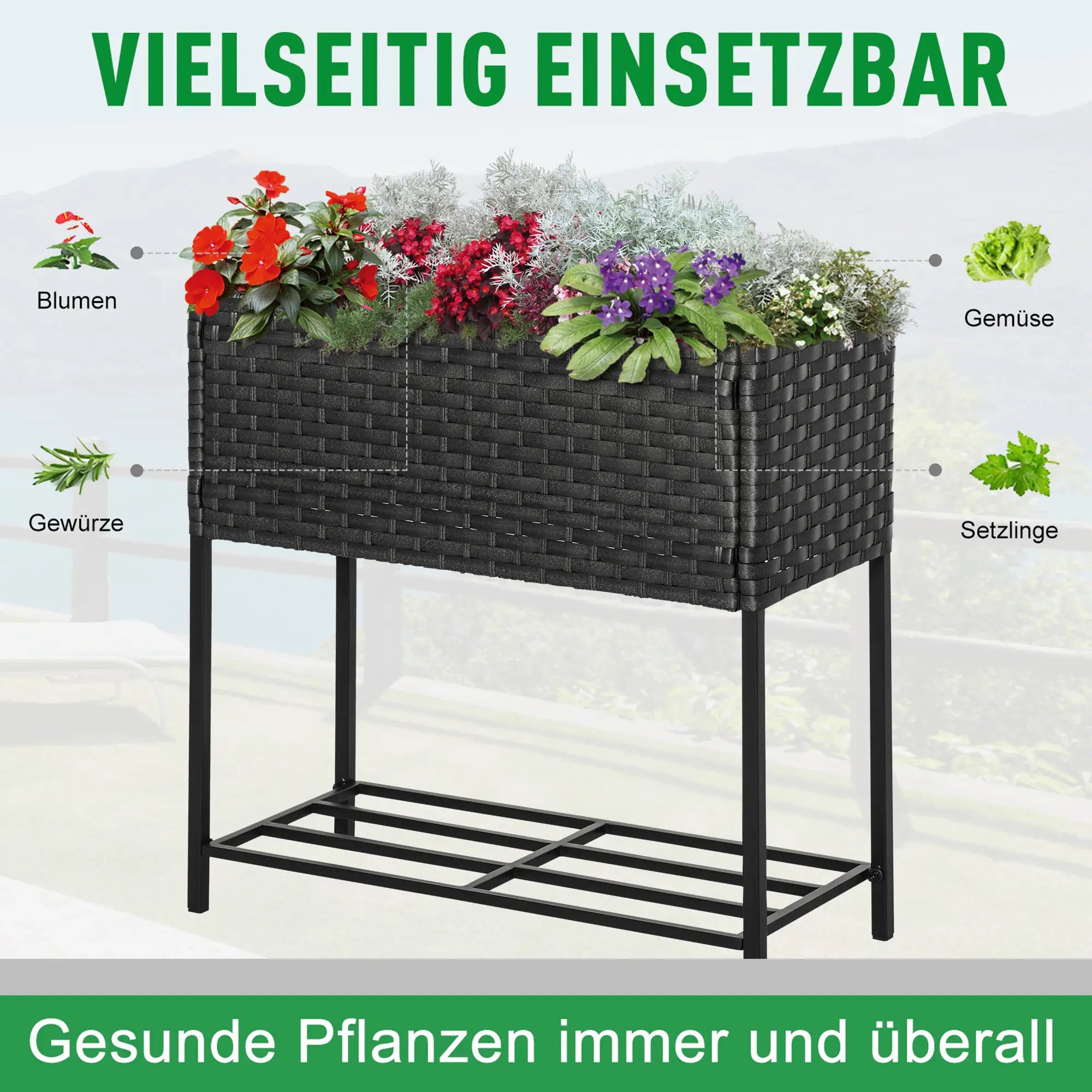 Outsunny Hochbeet Pflanzkübel rückenschonend mit Ablage Poly-Rattan