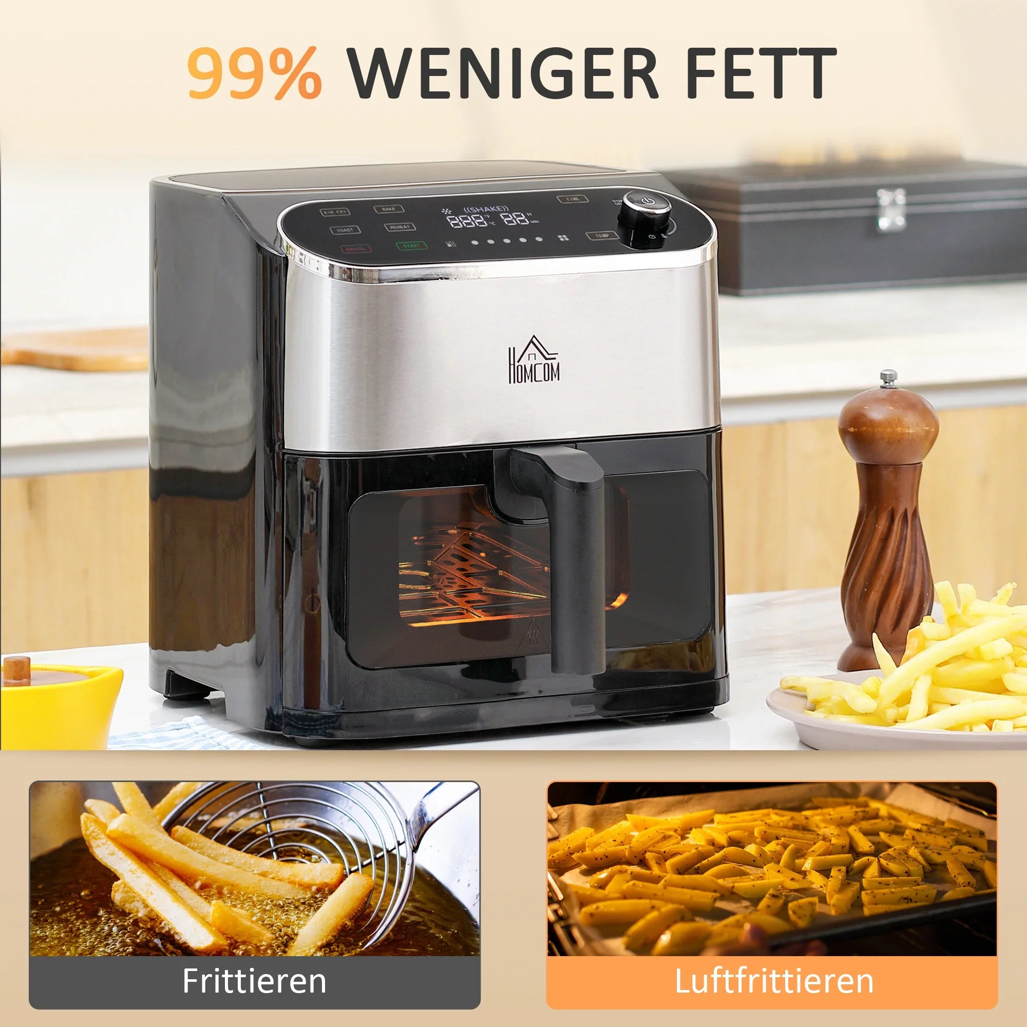 HOMCOM Heißluftfritteuse Airfryer fettarm schnelles Garen