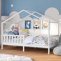 Bellabino Kinderbett Bia 140x200 cm, Hausbett Kinder inkl. Rausfallschutz und Rolllattenrost, Montessori Bodenbett weiß aus Massivholz Kiefer