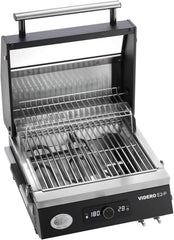 RÖSLE Elektrogrill BBQ-Portable Videro E2-P, tragbarer Tischgrill mit 2 Brennern, Warmhalterost und Deckel mit Glaseinsatz, pulverbeschichteter Stahl, schwarz/silbern