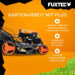FUXTEC 4in1 Benzin Rasenmäher FX-RM5196eSPRO mit E-Start und regulierbarem Selbstantrieb, Gartenmäher inkl. Frontstoßstange, 51 cm Schnittbreite, kugelgelagerte Big Wheel Räder, 60L Grasfangkorb