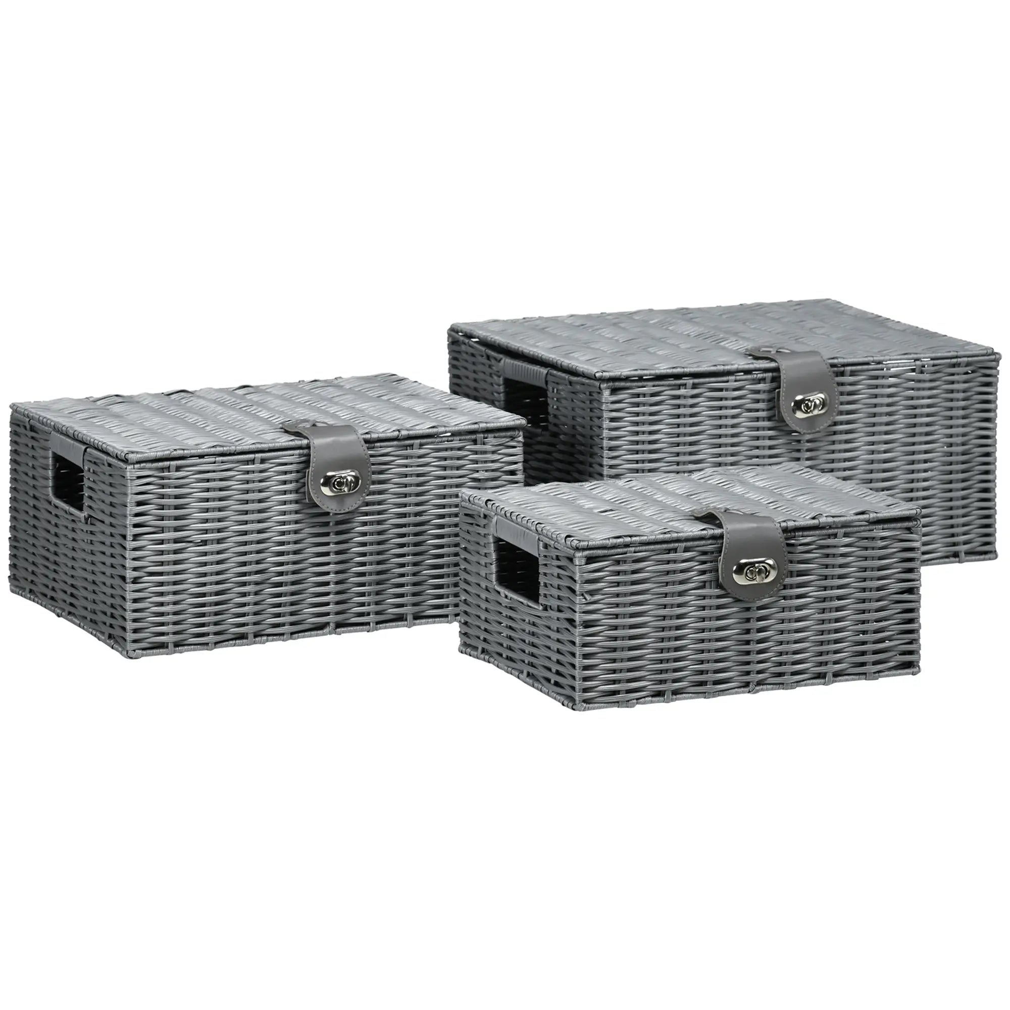 HOMCOM Aufbewahrungskorb 3er-Set handgeflochten mit Deckel